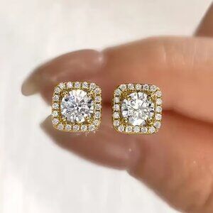 18K Gold Womens 2ct Square Diamond Stud Earrings Ladies New 18 K Silver Jewelry